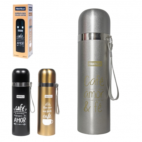 GARRAFA TERMICA DE INOX COM TAMPA + ALCA COLOR COFFEE FRASES CAFE 480ML