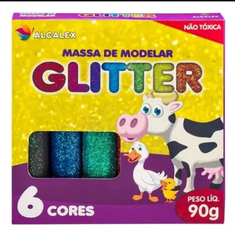 MASSA DE MODELAR 6 CORES COM GLITTER 90G - ALCALEX