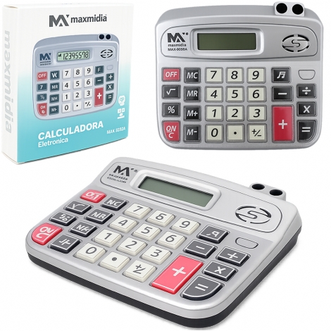 CALCULADORA ELETRONICA 8 DIGITOS BOTAO DE ACRILICO COM PORTA CANETA COM SOM A PILHA MAXMIDIA 14,9X12,8CM