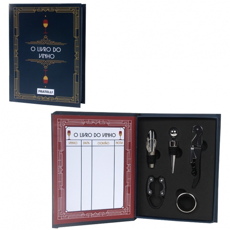 KIT PARA VINHO COM SACA ROLHA + CORTADOR LACRES E ACESSESSORIOS 6 PECAS NO ESTOJO LIVRO